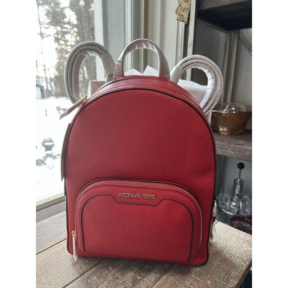 NWT Michael Kors Jaycee Medium Zip Pocket Backpack Leather Bright Red MSRP $498 - Picture 8 of 15